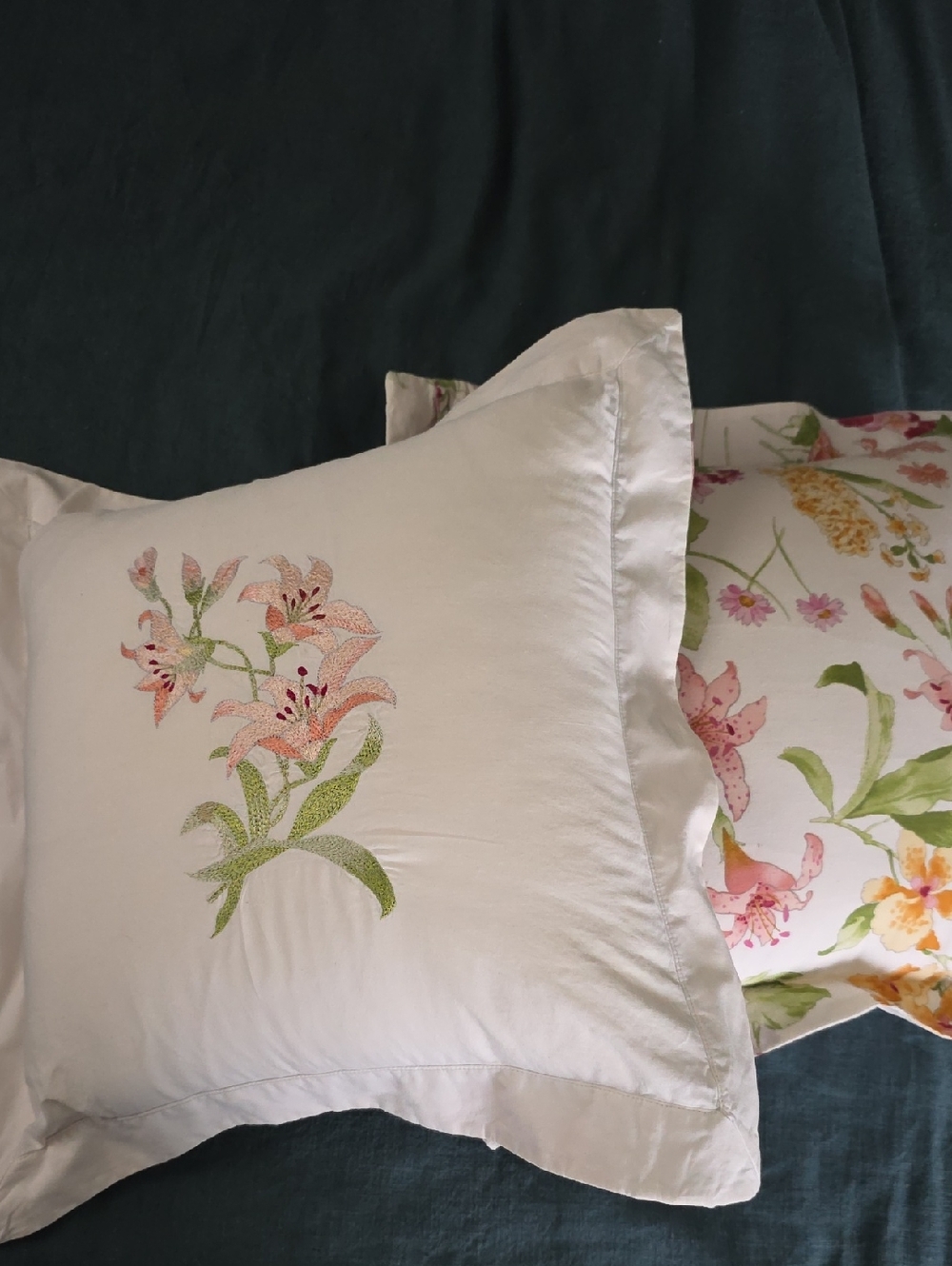 Charter Club White Embroidered Floral Pillows with Pink & Green Accents